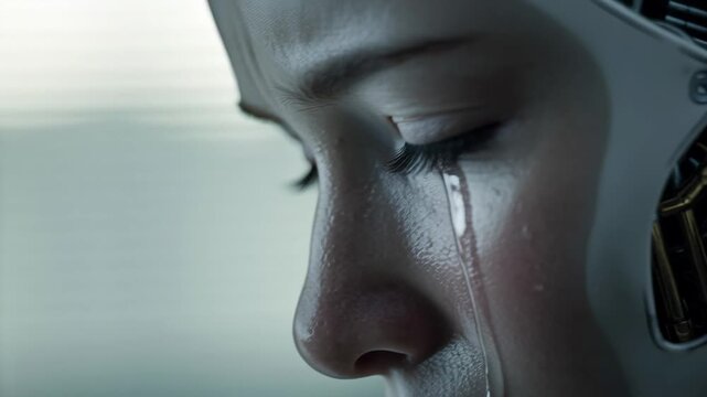 Sad Humanoid Robot Crying a Single Tear with Exposed Mechanics Extreme Closeup