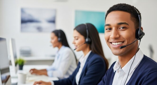 Smiling young black man in headset at call center