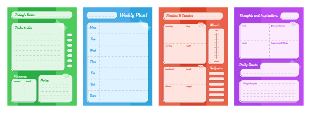 Bright vector planner pages set with daily tasks, weekly schedule, mood and routine trackers, notes, and inspiration sections, designed for organized planning and personal productivity.