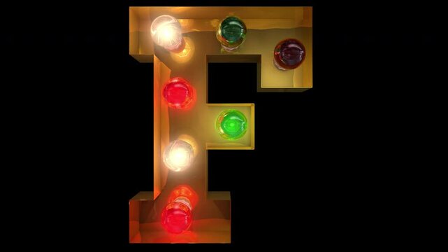 Festive glowing Gold Christmas light bulb letter alphabet in five different seamless loop animation with transparent background the letter F