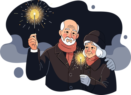 Happy Senior Couple Holding Sparklers Celebrating Winter Holidays. Elderly man and woman in warm coats enjoying a festive moment, vector illustration.