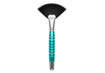 Isolated makeup fan brush with aqua handle, professional cosmetic applicator for powdering