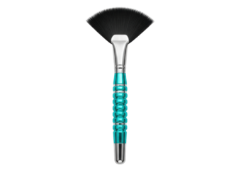 Isolated makeup fan brush with aqua handle, professional cosmetic applicator for powdering