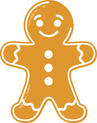 A simple and cute flat vector illustration of a golden gingerbread man cookie with white icing details and highlights, 