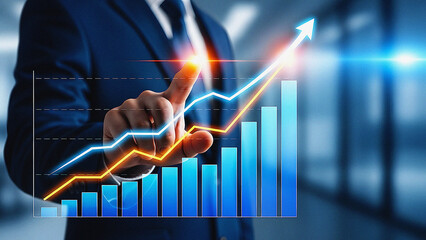 Achieving Exponential Growth: Businessman Interacting with a Digital Bar Chart and Line Graph Showing Increasing Profit and Market Performance