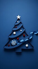 Modern Minimalist Christmas Tree Design Crafted From Elegant Blue Ribbon And Layered Paper Shapes Adorned With Festive Red And White Ornaments A White Star Topper And A Small Gift Box Agains