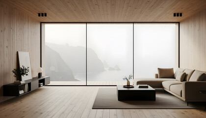 Modern living room with sectional sofa and large windows showcasing outdoor nature scenery