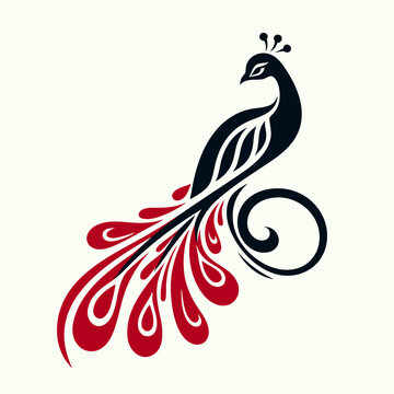 Illustration of elegant stylized peacock silhouette in black and red, tribal art design, vector illustration