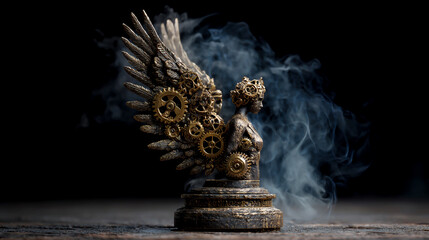 A small bronze statue of an angel with wings made from cogs and gears