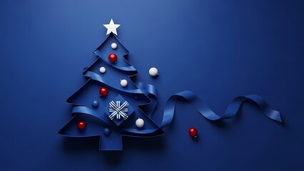 Beautiful Minimalist Holiday Background Featuring a Stylized Christmas Tree Outline Formed by a Curving Blue Ribbon Decorated with Glossy Red and Matte White Ornaments and a Star Topper
