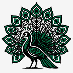 Illustration of stylized peacock with fanned tail feathers in green and black art deco design