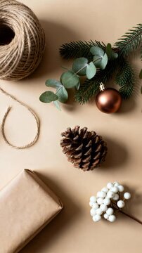 Flat lay of Christmas gift wrapping essentials including natural twine, pinecone, eucalyptus leaves, orange and white berries, and a wrapped gift on a beige surface.