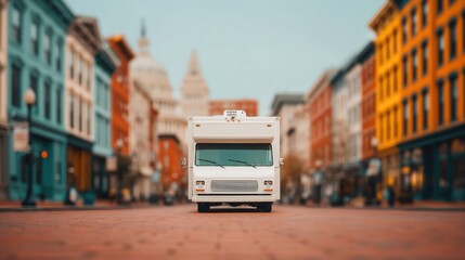 Obraz premium A food truck parked in a vibrant, colorful street, showcasing urban architecture and a lively atmosphere.