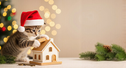 Kitten playing with a gingerbread house for real estate services holiday advertising campaign