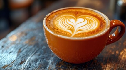 Orange mug of latte art coffee on wooden table
