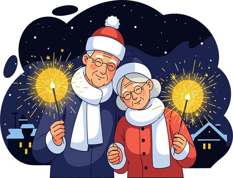 Happy senior couple celebrating with sparklers on a festive winter night