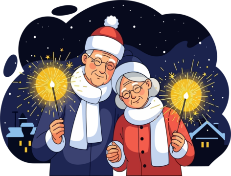 Happy senior couple celebrating with sparklers on a festive winter night