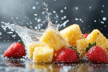 Fresh pineapple and strawberries with water splash