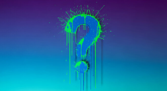 Blue question mark with dripping green liquid on colorful gradient background, representing uncertainty, curiosity and questioning, useful for information - Powered by Adobe