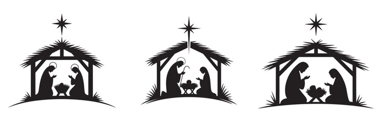 Nativity scene silhouette illustrations depicting Mary Joseph and baby Jesus in a manger perfect for Christmas cards and religious designs