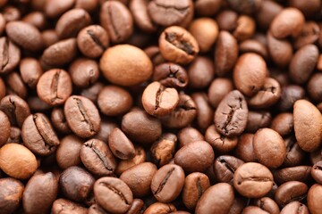 Coffee texture roasted beans from above soft light close up