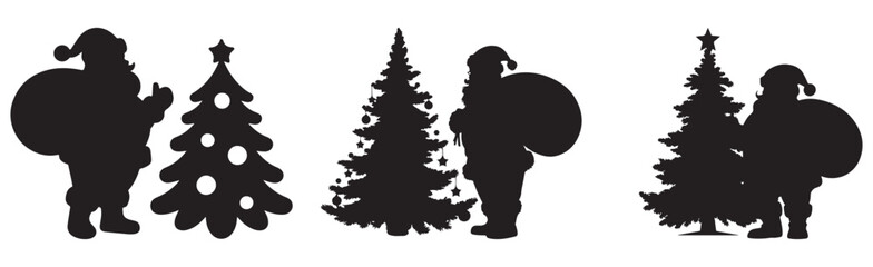 Silhouette illustrations of Santa Claus and Christmas trees festive vector design elements for holiday season graphics isolated on white background