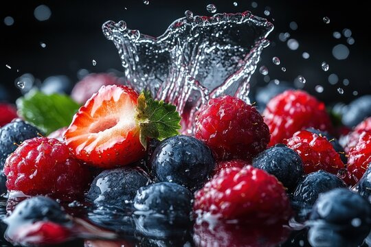Juicy mixed berries in dynamic water splash