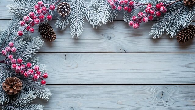 Festive Christmas Border Decoration Featuring Snowy Flocked Pine Tree Branches Red Frosted Berries and Rustic Pine Cones Arranged on a Light Gray Wooden Background for Holiday Season Copy Sp