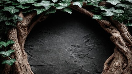 Mysterious dark portal framed by aged tree trunks and vibrant green foliage.