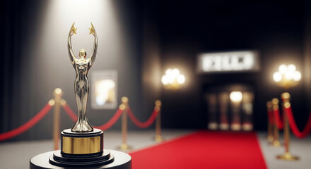 Award trophy on pedestal with red carpet and movie theater background  