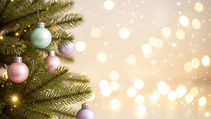 Obraz premium Festive Christmas Tree Branch with Pastel Ornaments and Sparkling Bokeh Lights Background for Holiday Celebrations and Winter Season Joy