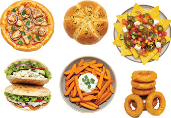 Fast food variety illustration, pizza, sandwich, nachos, sweet potato fries, onion rings, bread roll, white 