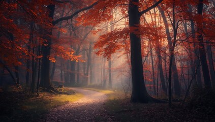 Beautiful autumn forest landscape with vibrant colors and misty atmosphere scene