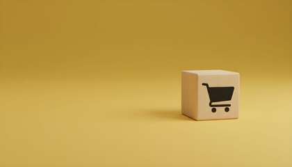 A single wooden cube with a shopping cart icon on a plain yellow background.