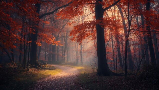 Beautiful autumn forest landscape with vibrant colors and misty atmosphere scene