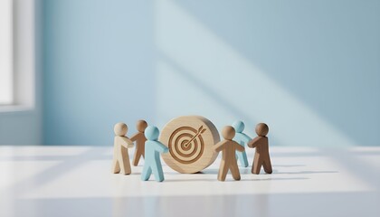A group of miniature figures surrounding a target, symbolizing teamwork and achieving goals.