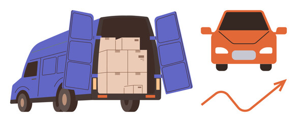 Delivery van packed with boxes, orange car in front, upward growth arrow and wavy line. Ideal for logistics, shipping, business growth, commerce, retail delivery transportation. Simple flat