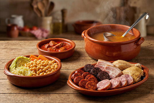 Cocido madrile&ntilde;o tradicional servido en cazuelas de barro con todos sus ingredientes
