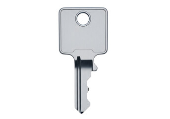 Isolated modern metal key to unlock a door, security item, lock and key, new home key
