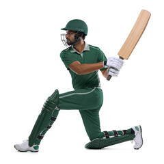 Cricket batsman in dark green uniform playing a shot, isolated background