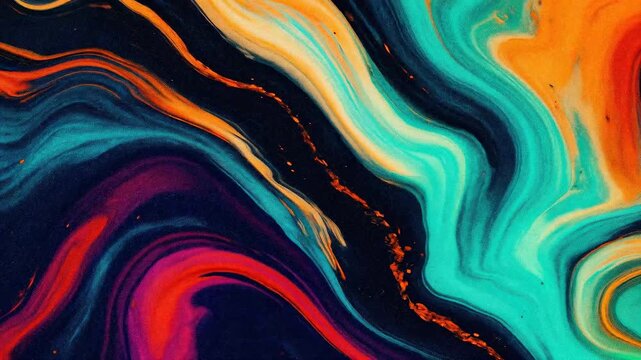 Abstract painting with vibrant swirls of blue, orange, and purple colors creating a fluid artistic effect.