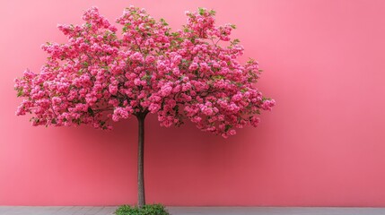 Pink flowering tree against a vibrant pink wall
