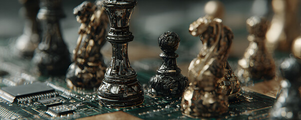 Futuristic chess pieces on a circuit board chessboard, concept for strategic technology planning, cybersecurity visualization and digital transformation initiative