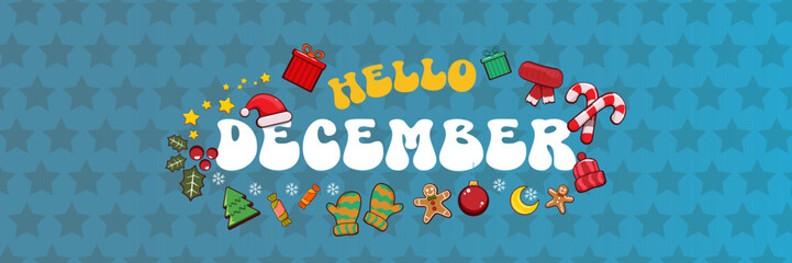 Hello December banner design template with santa hat, christmas tree, candy, hat, mittens, stars, gifts, balls, moon, gingerbread man, cookies. Hello December blue sticker on blue abstract background