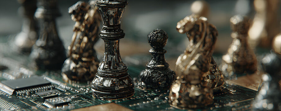 Futuristic chess pieces on a circuit board chessboard, concept for strategic technology planning, cybersecurity visualization and digital transformation initiative