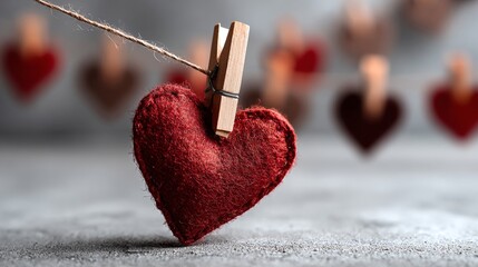 Red heart hanging with a wooden clip Valentines Day concept.