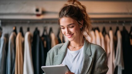Smiling young woman managing her clothing store with a digital tablet - Powered by Adobe