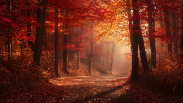 Beautiful autumn forest landscape with colorful foliage and sun rays streaming through