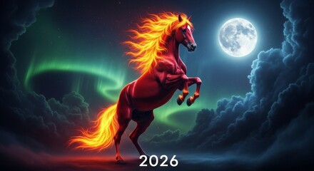 Majestic fiery horse rearing under aurora and full moon, year 2026