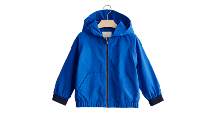 Hooded blue jacket for children hanging on wooden hanger   isolated on transparent background